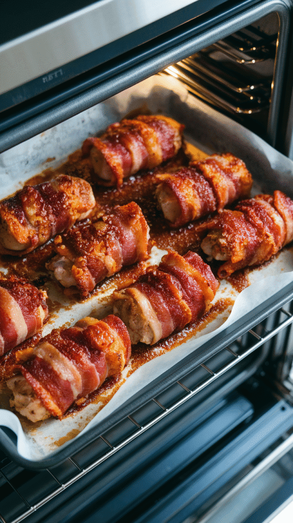 bacon-wrapped chicken tenders mid-bake on parchment-lined tray, sugar starting to bubble and bacon browning