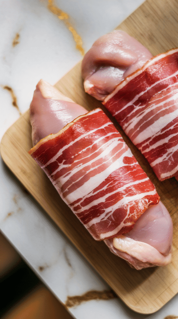 aw chicken tender being wrapped tightly with a slice of raw bacon, edges overlapping neatly, on a white marble counter