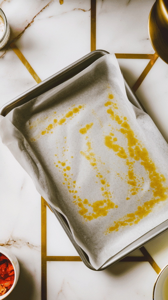 parchment-lined baking sheet being lightly sprayed with oil, paper smooth and ready