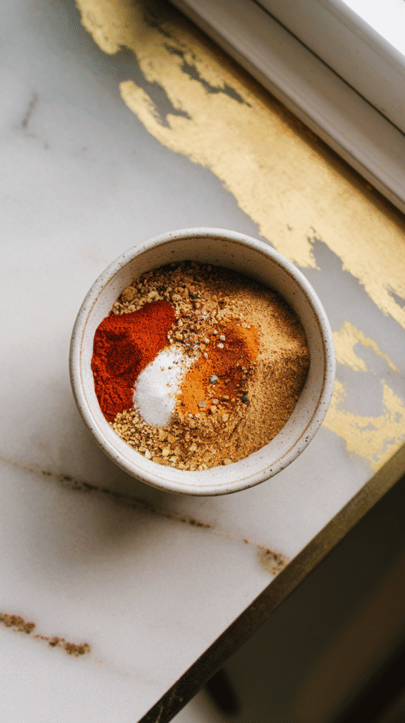 brown sugar, paprika, garlic powder, and black pepper blended in a small bowl, forming a soft, sandy spice mixture