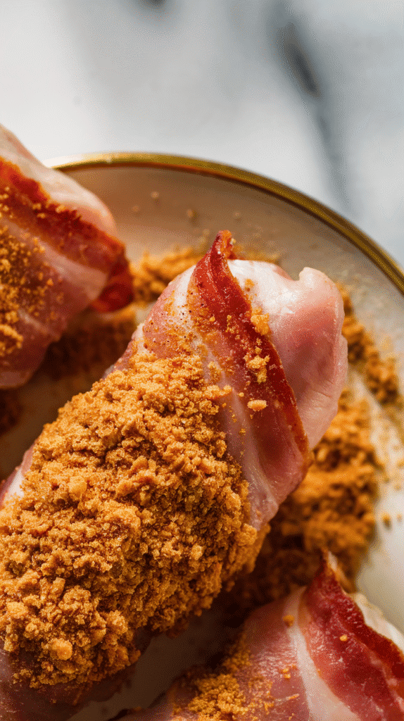 bacon-wrapped chicken tender being rolled in brown sugar spice mix, coating clinging to the surface