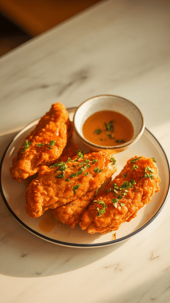 golden baked chicken tenders on a white plate with hot honey glaze drizzled over the top, fresh parsley sprinkled, small bowl of extra sauce on the side