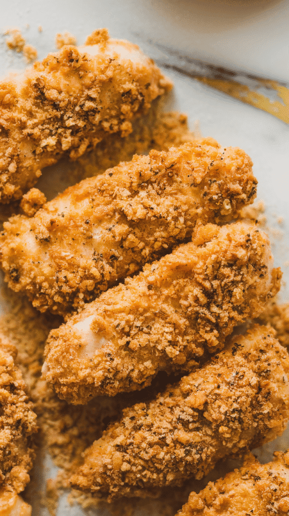 chicken tenders being pressed into seasoned breadcrumb mixture, breading sticking evenly, on a white marble counter