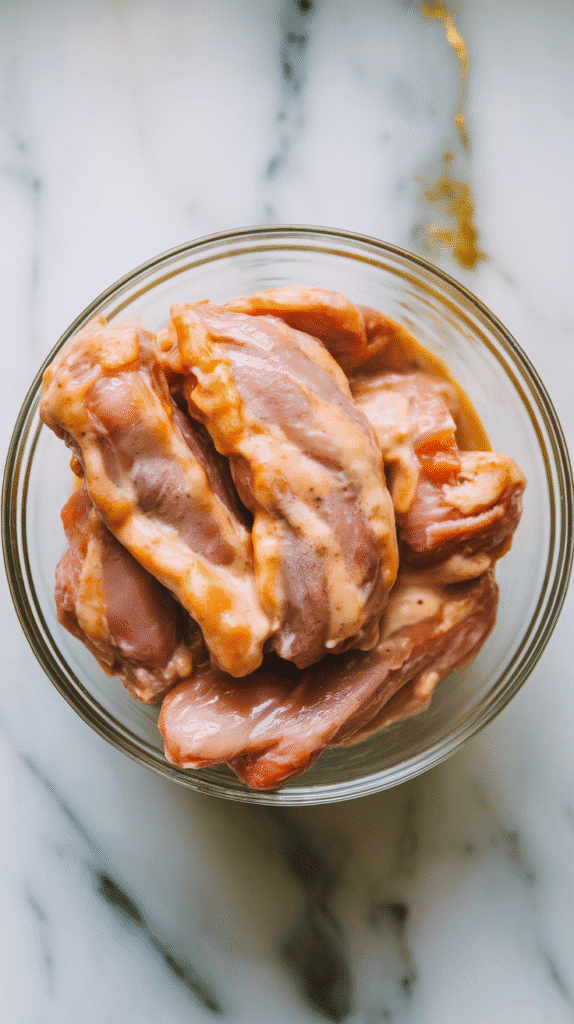 raw chicken tenders coated in buttermilk and hot sauce, creamy mixture clinging to the chicken, in a glass bowl,