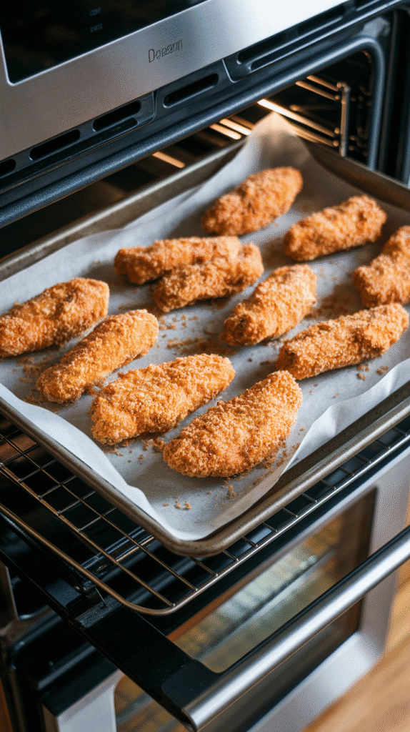 breaded chicken tenders on parchment-lined baking sheet, lightly sprayed with oil and ready to go into the oven