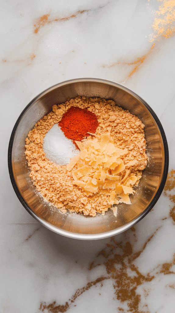 seasoned breadcrumb mixture with visible parmesan and spices mixed throughout, in a shallow wide bowl