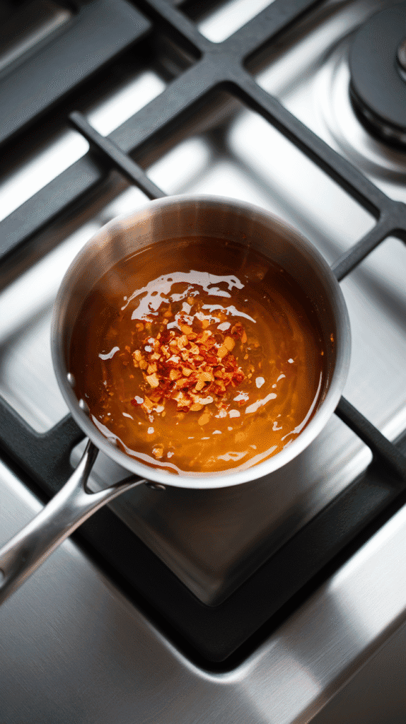 hot honey mixture bubbling gently in a small saucepan, golden and glossy, with red pepper flakes floating on top
