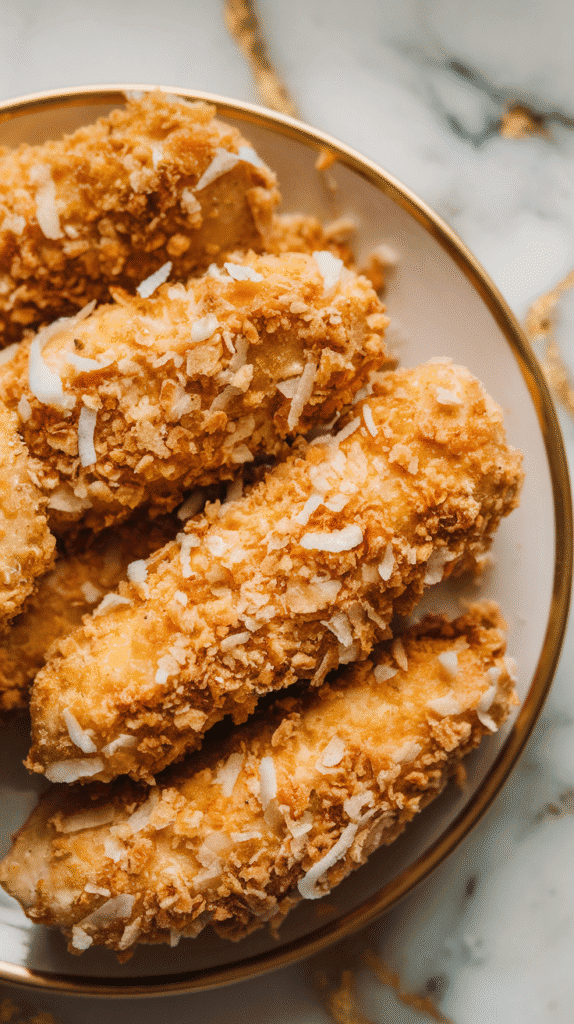 a chicken tender being coated in a panko and shredded coconut mixture, with a thick, even crust forming