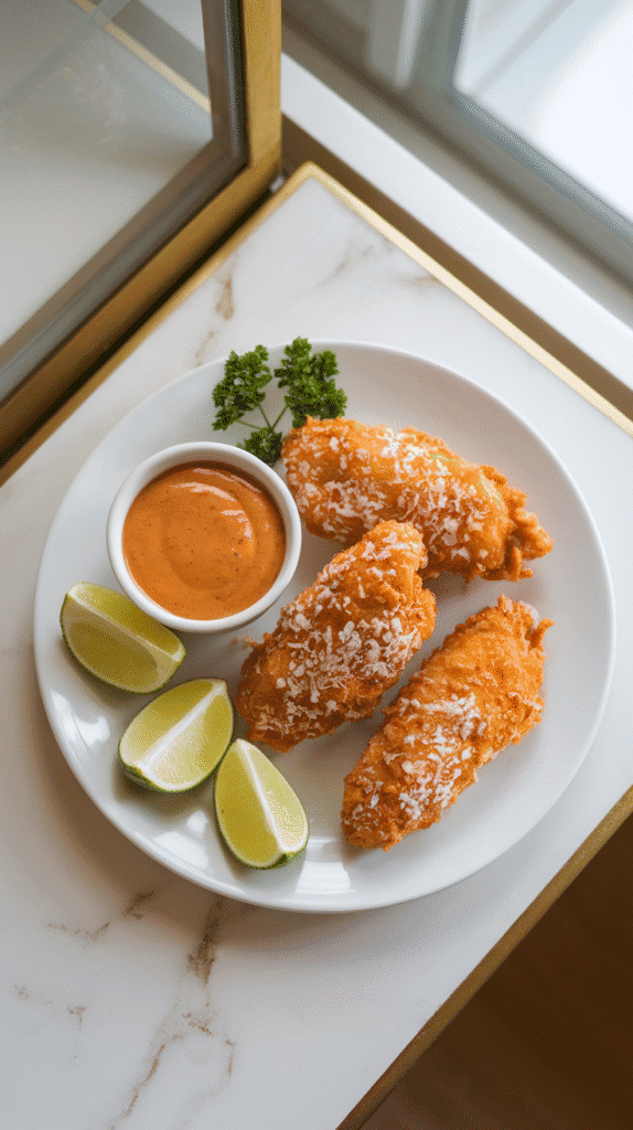 golden coconut chicken tenders on a white plate with sweet chili dipping sauce, lime wedges, and parsley garnish
