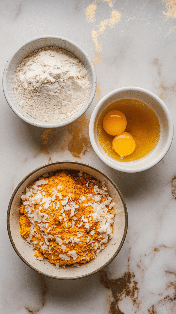 three shallow bowls: flour in one, beaten eggs in the second, and a golden breadcrumb and coconut mixture with spices in the third