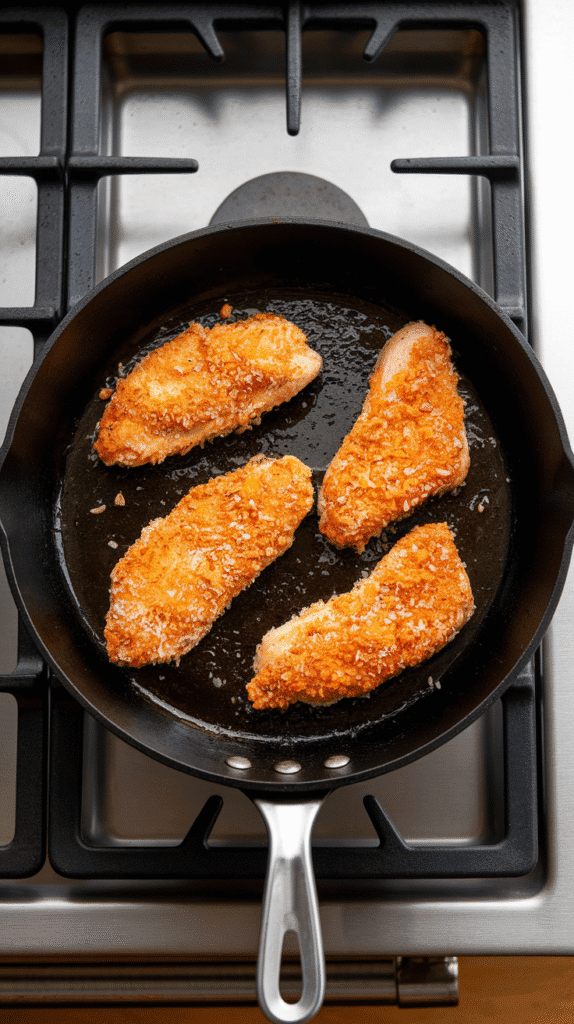 coconut-crusted chicken tenders cooking in oil in a skillet OR on a parchment-lined baking sheet mid-bake, turning golden