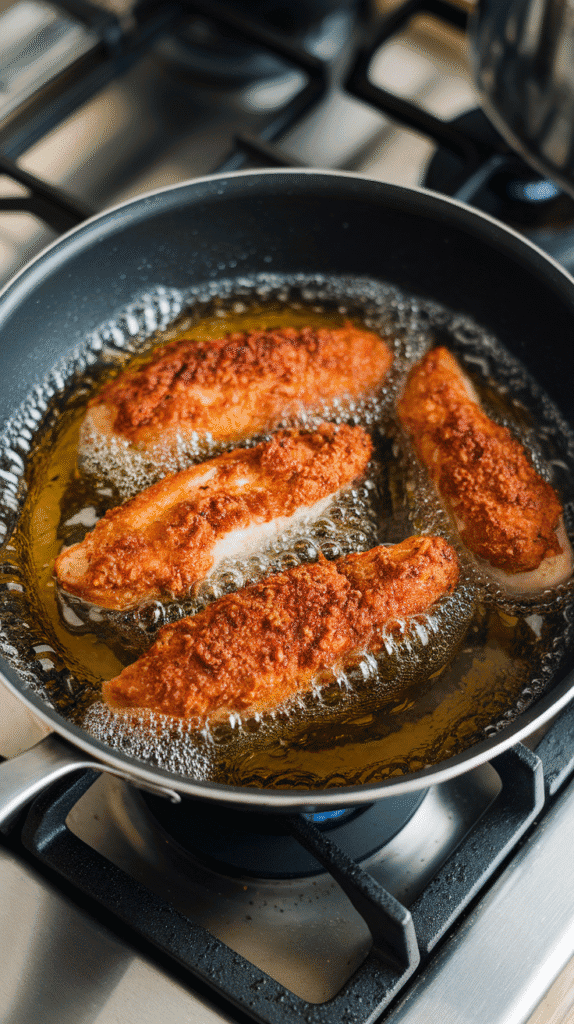 chicken tenders frying in bubbling hot oil, golden edges starting to form, crispy coating visible, on a modern stainless stee