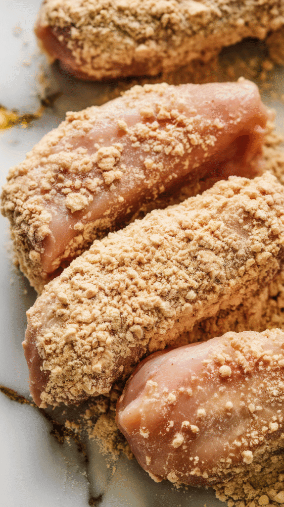 raw chicken tenders being coated in seasoned flour mixture, showing thick, even coating, on a white marble counter