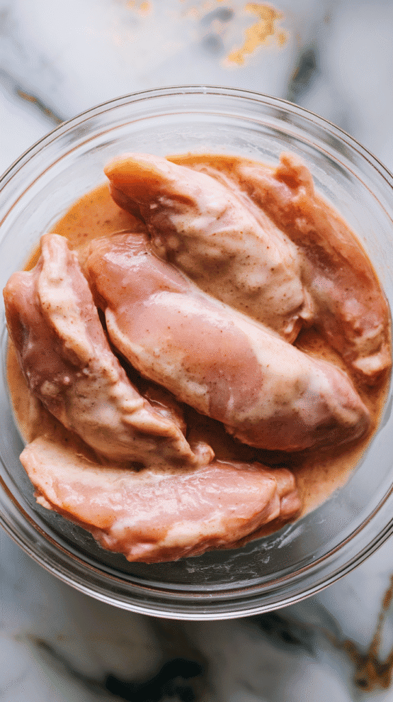 raw chicken tenders coated in buttermilk and hot sauce mixture in a glass bowl, slightly pink and creamy