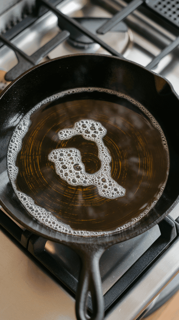 vegetable oil heating in a cast iron skillet, small bubbles starting to form at the bottom, on a modern stainless steel gas stove