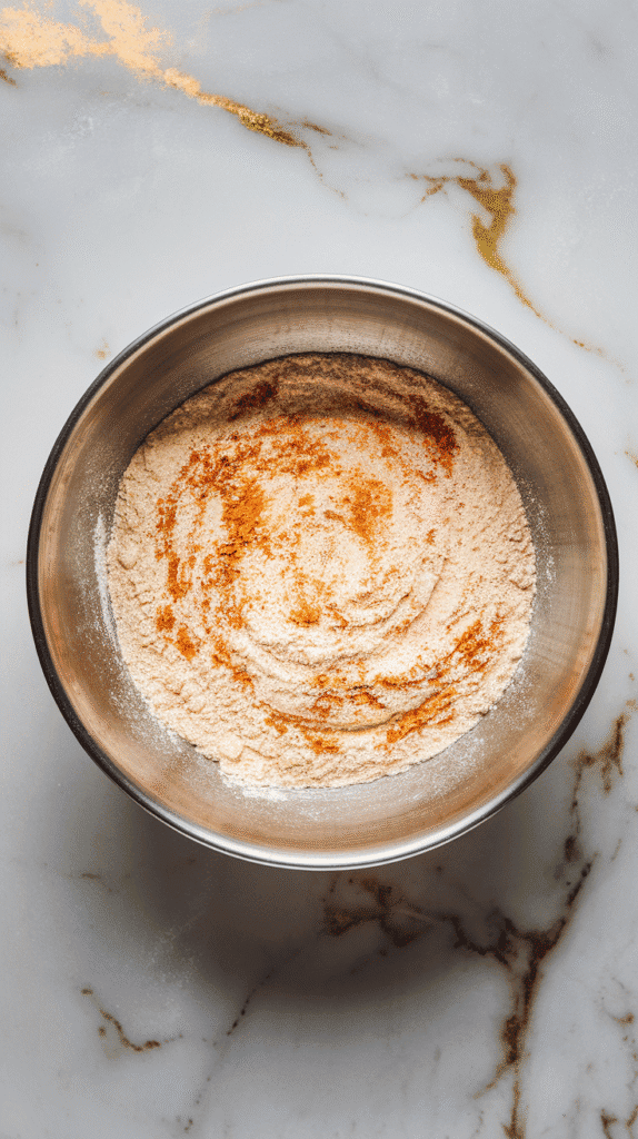 seasoned flour mixture with visible specks of paprika, garlic powder, and cornstarch in a large shallow bowl, on a white marble