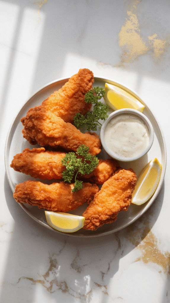 golden brown crispy buttermilk fried chicken tenders arranged on a white plate with a small bowl of dipping sauce, parsley garnish, and lemon wedges