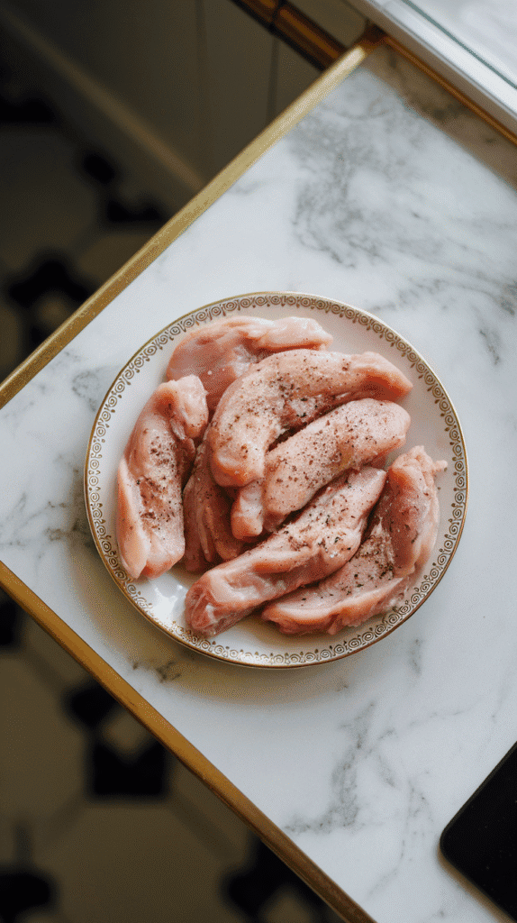 raw chicken tenders on a plate, seasoned with salt and pepper, ready for cooking, on a white marble counter with hints of gold