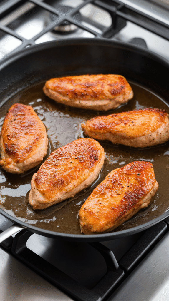 honey lime sauce bubbling in a skillet, coating seared chicken tenders evenly as they simmer,