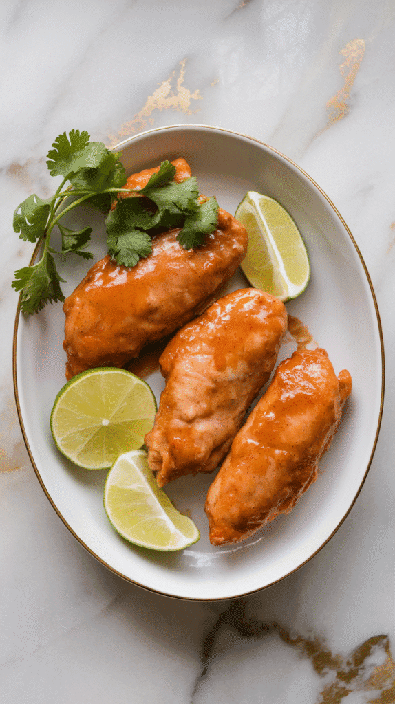honey lime chicken tenders plated on a white dish, glazed and shiny, with fresh cilantro and lime wedges as garnish