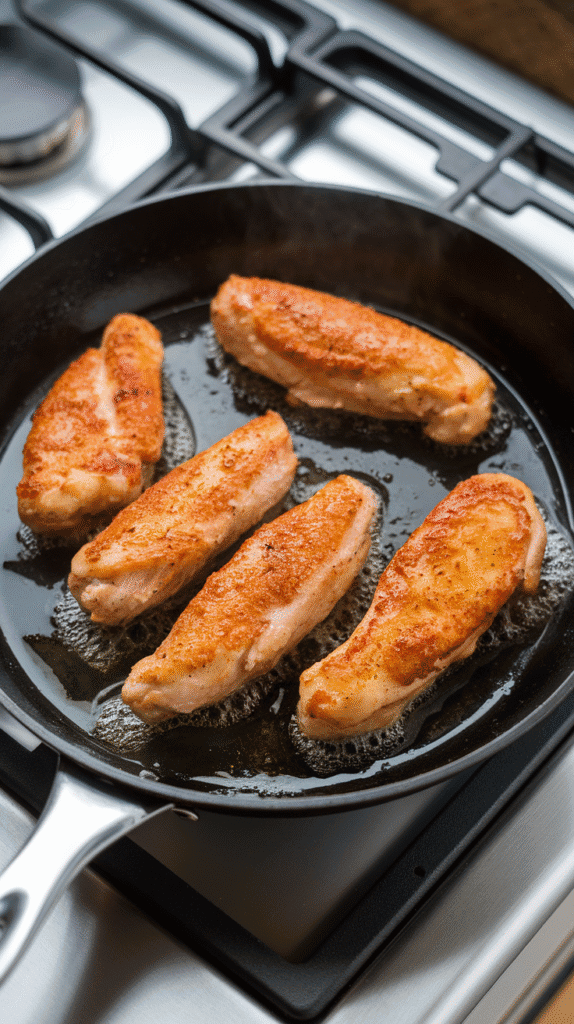 chicken tenders sizzling in olive oil in a skillet, turning golden on the edges, on a modern stainless steel gas stove