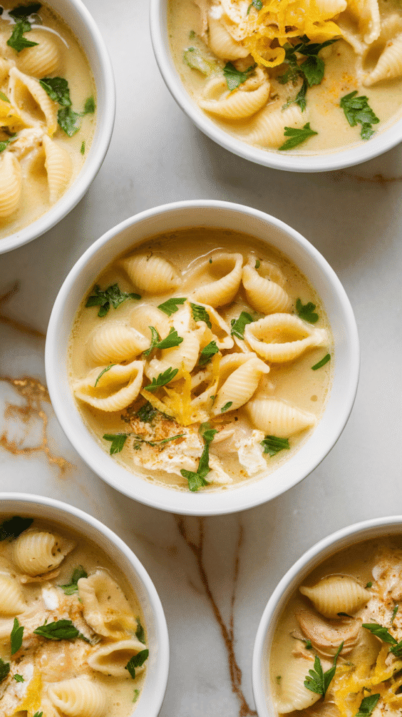 emon ricotta chicken pasta soup served in white bowls, garnished with chopped parsley and lemon zest,