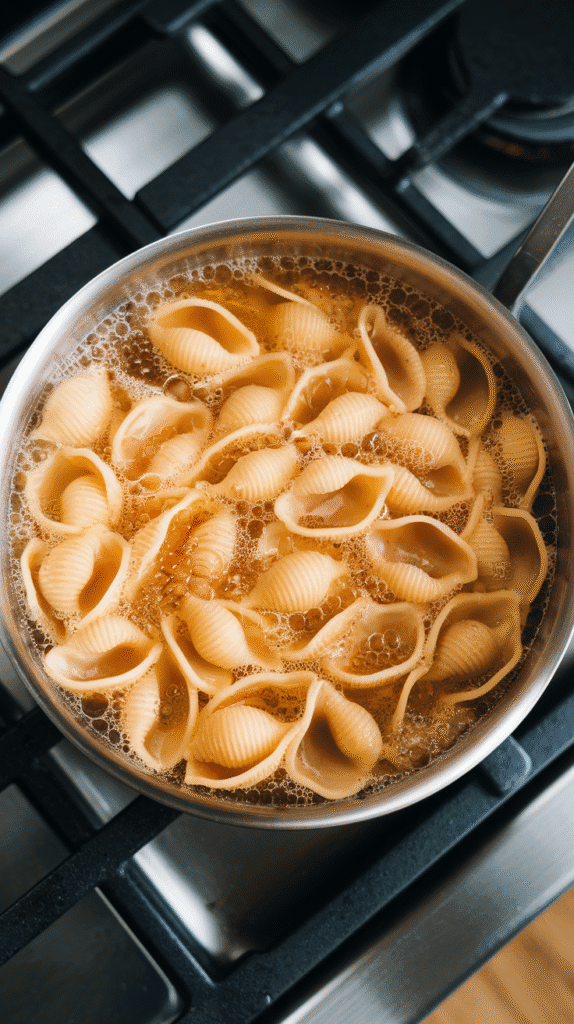 small pasta shells just added to simmering chicken broth, bubbles rising, pasta partially submerged