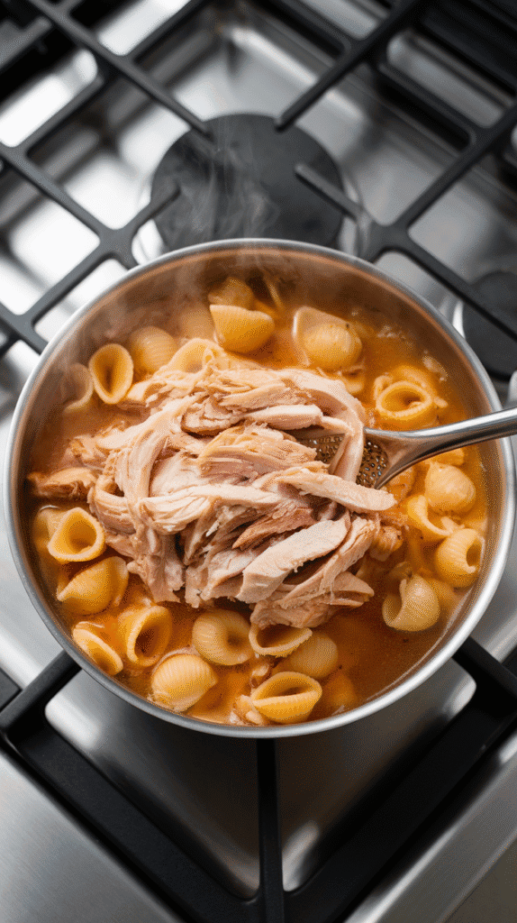 shredded cooked chicken being stirred into soup with pasta and broth, steam starting to rise