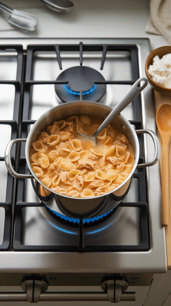 ricotta cheese melting into the soup with visible lemon zest being sprinkled in, creamy broth forming around pasta and chicken
