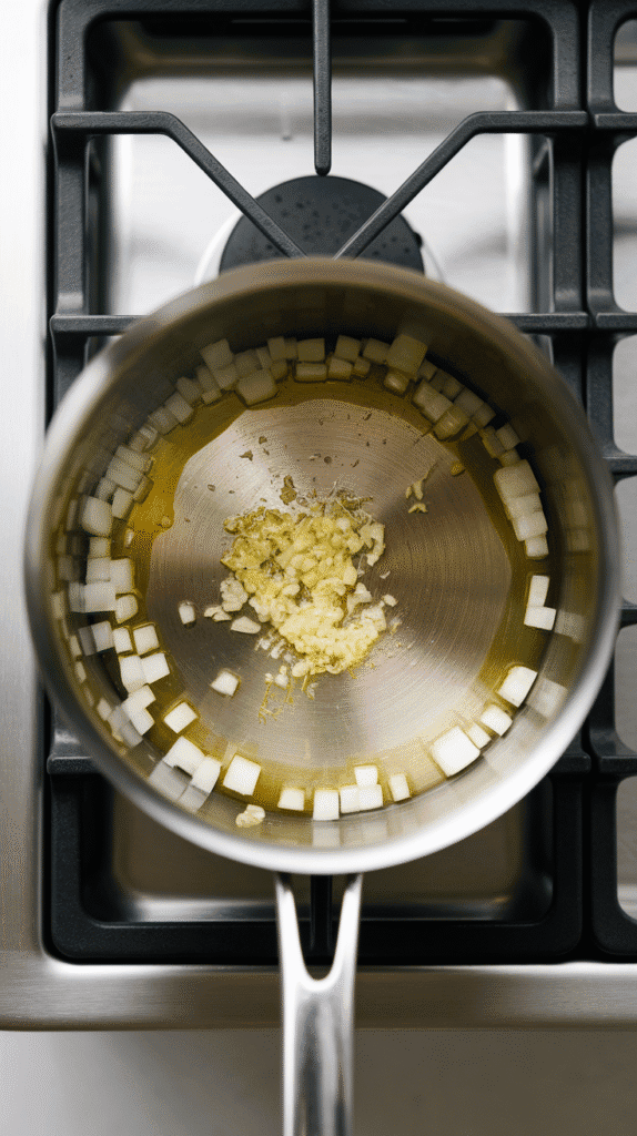 diced onion softening in olive oil with minced garlic added, gently sizzling in a soup pot,