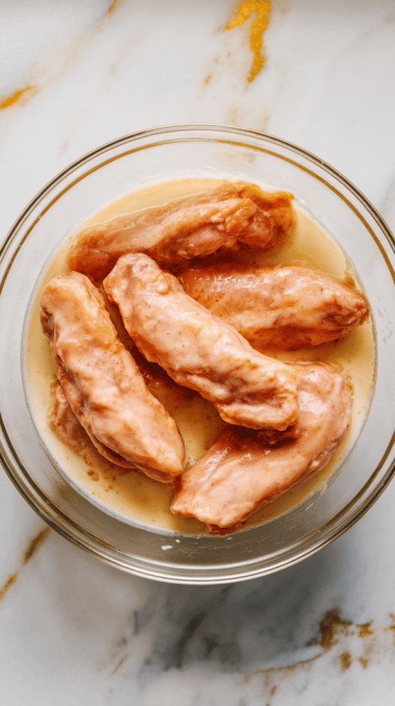 raw chicken tenders submerged in buttermilk and hot sauce mixture in a glass bowl, coating the tenders with a creamy layer
