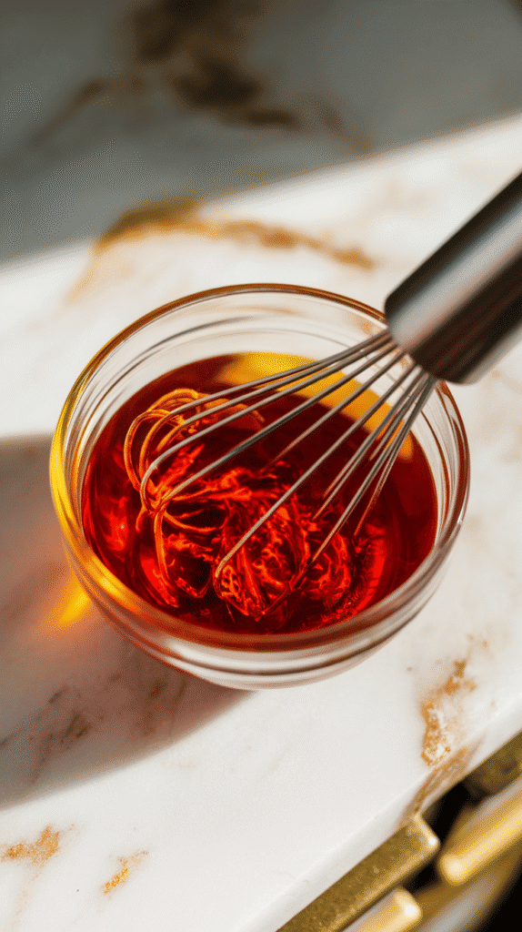 bright red Nashville hot oil being whisked in a small bowl, spices dissolving into hot oil with a fiery color, on a white marble counter with hints of gold