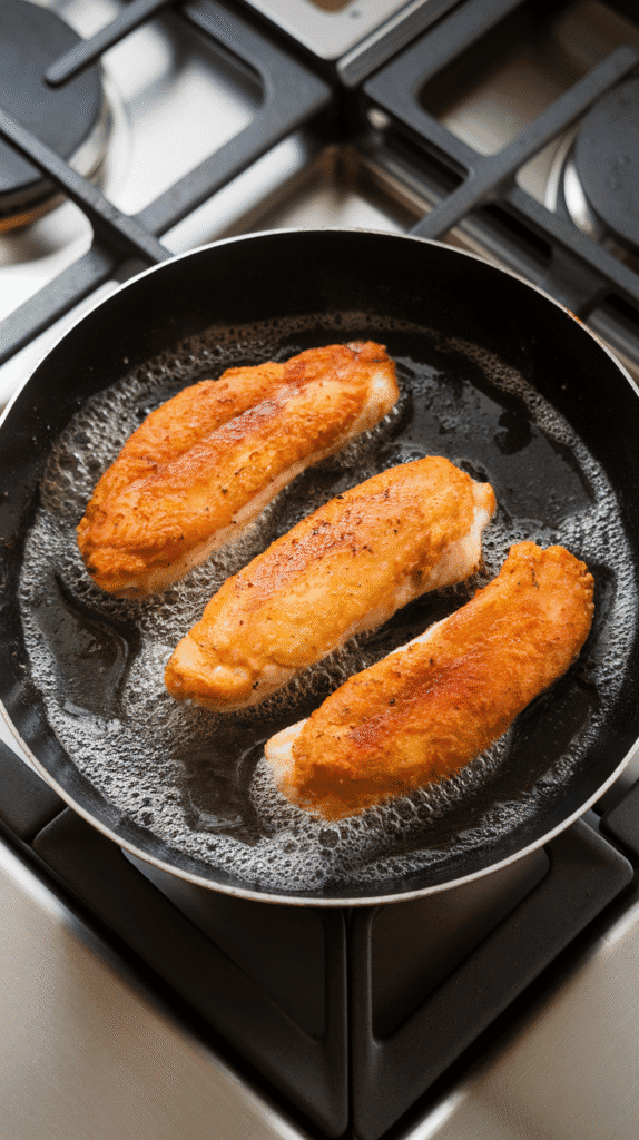 chicken tenders sizzling in hot oil, crust turning golden with bubbling edges, on a modern stainless steel gas stove