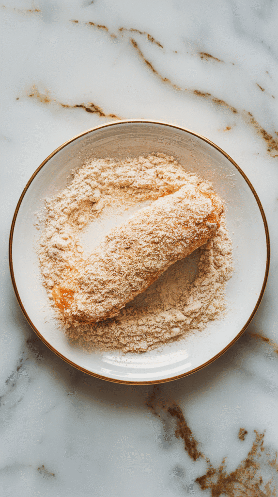 a chicken tender being dredged in seasoned flour, coating thickly and evenly, ready to fry, on a white marble counter