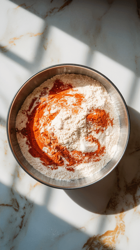 flour in a wide bowl with paprika, garlic powder, salt, and pepper visibly mixed in, forming a reddish-white dry coating blend