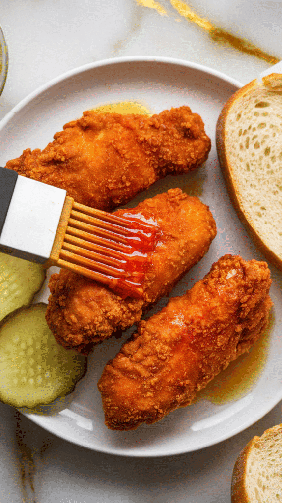golden fried chicken tenders being brushed with fiery red Nashville hot oil on a white plate, with visible glossy spicy coating, pickle slices and white bread on the side
