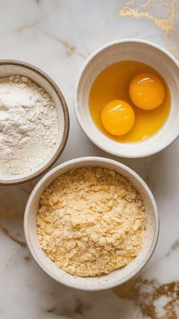 three shallow bowls: one with flour, one with beaten eggs, and one with seasoned breadcrumb-parmesan mixture, laid out in order