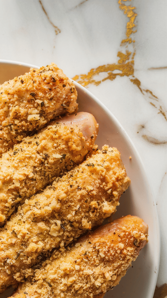 a chicken tender being coated in seasoned breadcrumb-parmesan mixture, showing full coating and crispy texture forming