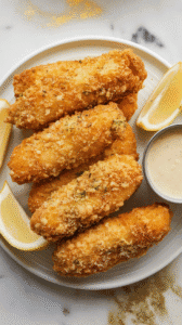 golden parmesan-crusted chicken tenders stacked on a white plate with dipping sauces, parsley garnish, lemon wedge on the side
