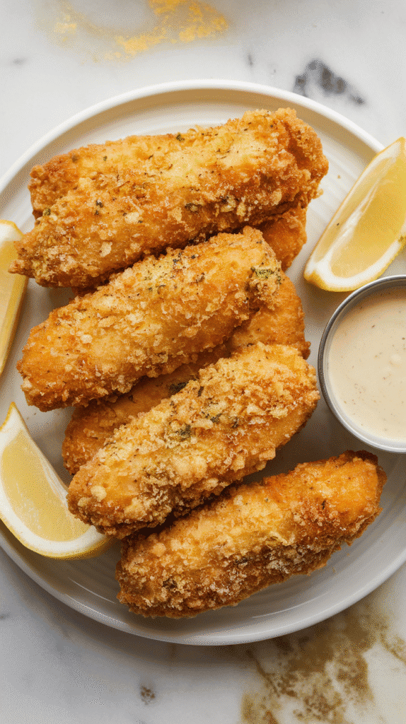 golden parmesan-crusted chicken tenders stacked on a white plate with dipping sauces, parsley garnish, lemon wedge on the side
