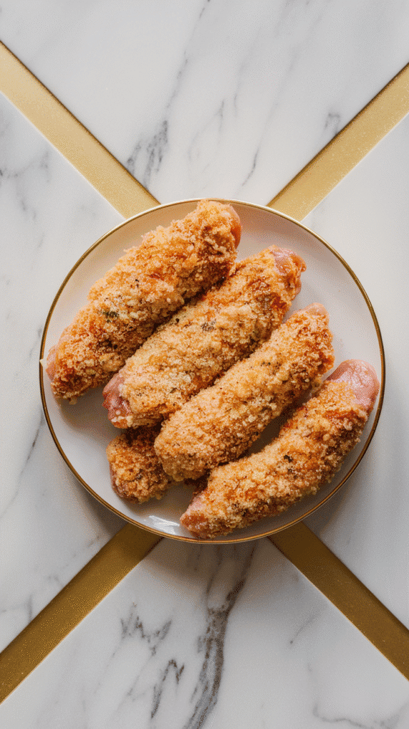 a chicken tender being coated in panko and parmesan mixture after egg wash, breadcrumbs sticking evenly to the surface