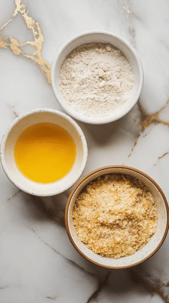 three dredging stations: seasoned flour, beaten eggs, and panko mixed with parmesan and garlic powder, each in shallow bowls