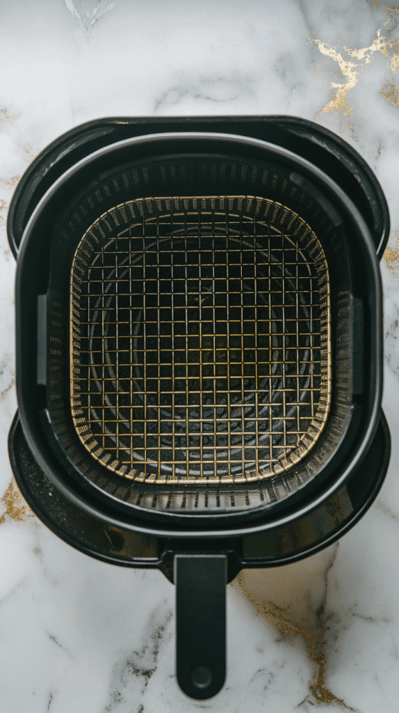 an open air fryer basket being sprayed lightly with olive oil spray, shiny black basket surface, on a white marble counter with hints of gold