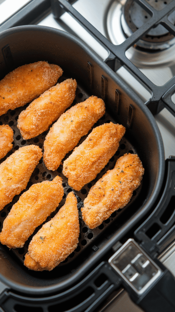 breaded chicken tenders arranged in an air fryer basket, tops sprayed lightly with oil, golden edges beginning to form