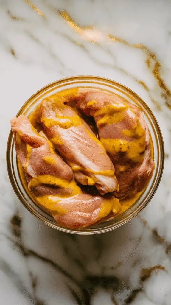 raw chicken tenders coated in mustard citrus marinade in a bowl, fully covered and glossy, ready to marinate