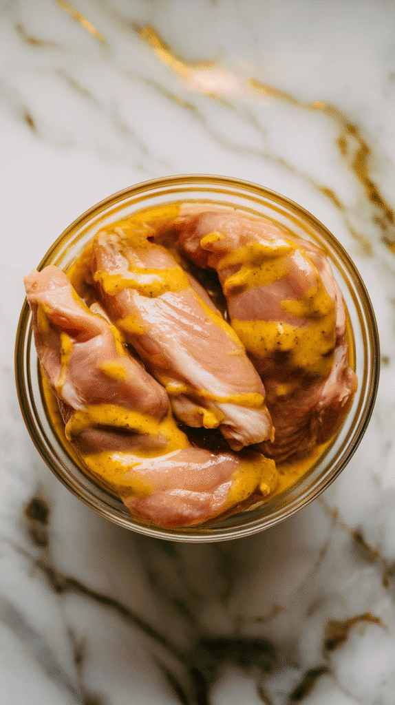 raw chicken tenders coated in mustard citrus marinade in a bowl, fully covered and glossy, ready to marinate
