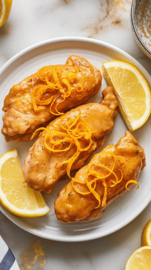 finished tangy mustard citrus chicken tenders on a white plate, glossy golden coating, sprinkled with fresh orange zest and lemon wedges
