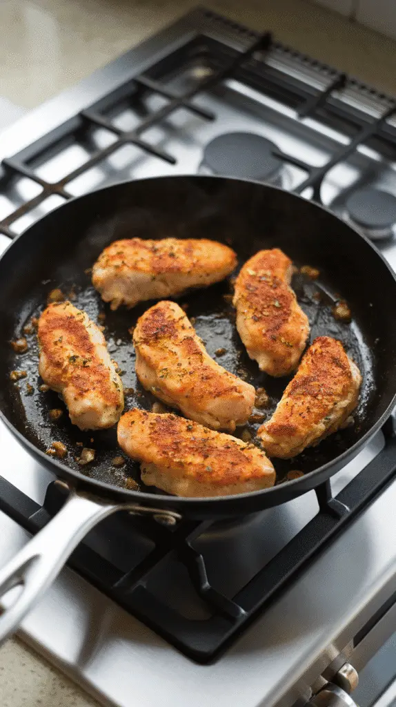 chicken tenders sizzling in a skillet, golden sear forming with bits of garlic and herbs in the pan