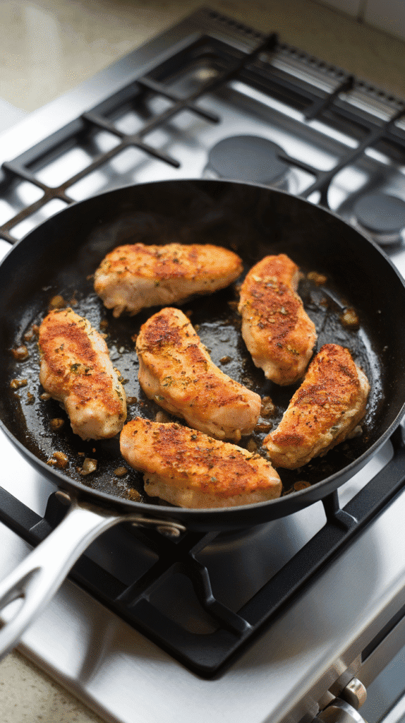 chicken tenders sizzling in a skillet, golden sear forming with bits of garlic and herbs in the pan