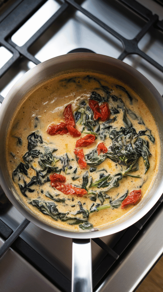 creamy sauce simmering with wilted spinach and sun-dried tomatoes mixed in, rich and golden, gently bubbling, on a modern stainless steel